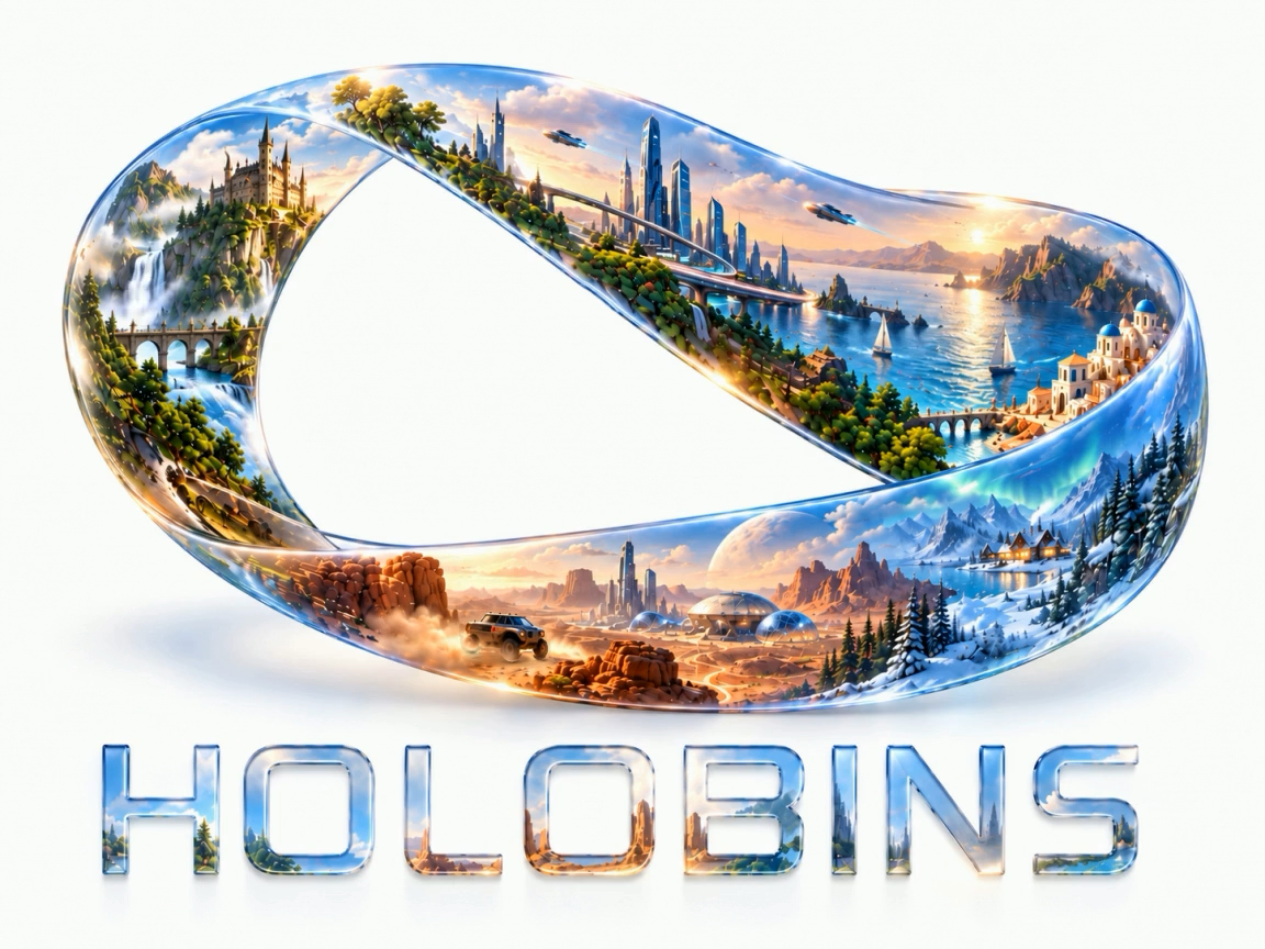Holobins: a glass Möbius strip containing waterfalls, cities, seas, desert and snowy mountains.